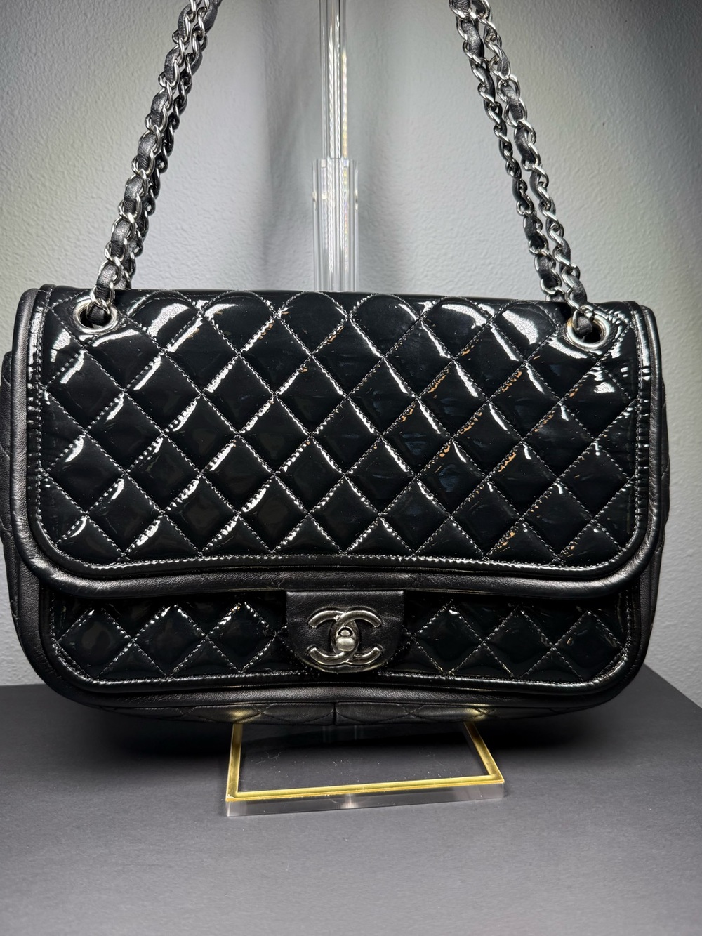 CHANEL Black Quilted Patent Leather Shoulder Bag with Chain Strap